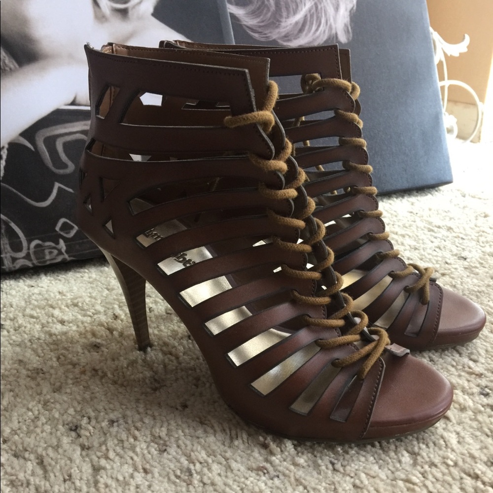 Vegan leather cage heels